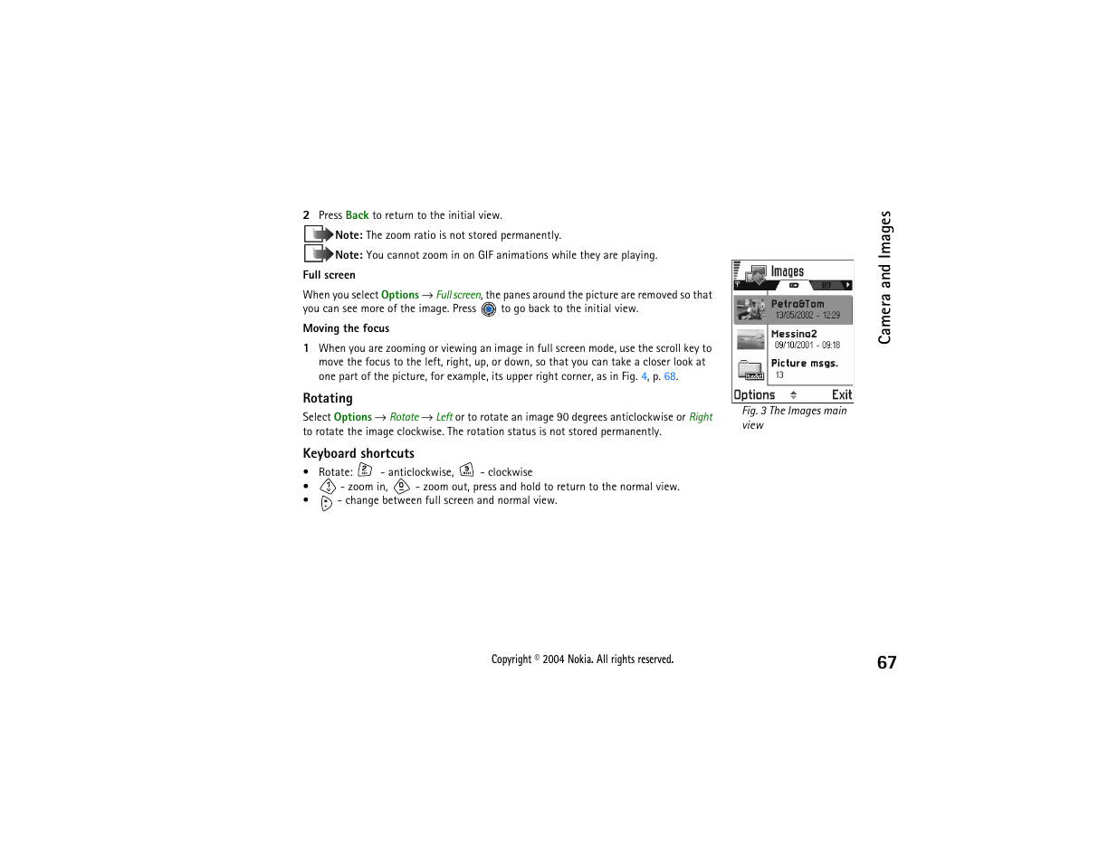 Keyboard shortcuts, Later in this chapter, Camera and images | Nokia 3650 User Manual | Page 67 / 178
