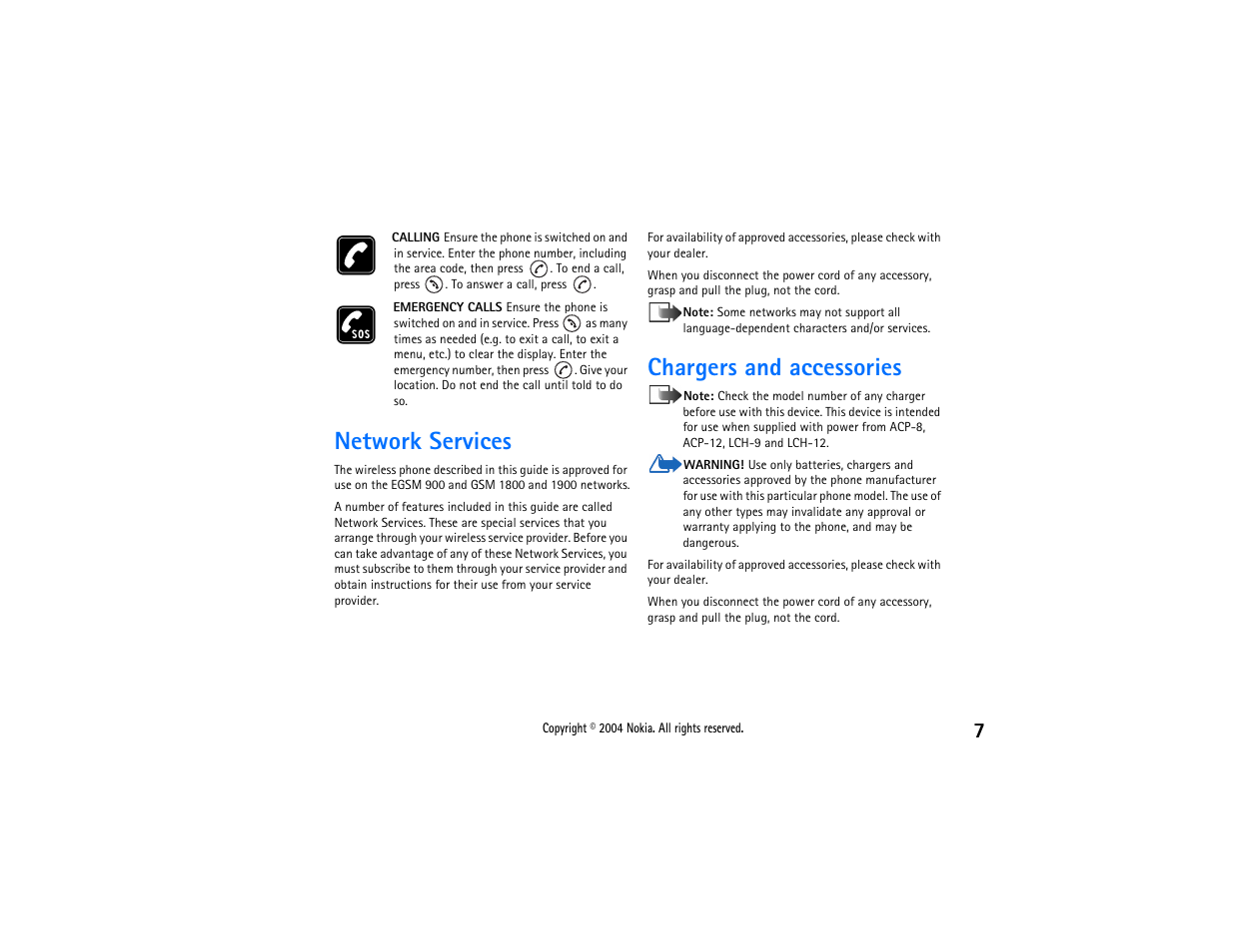 Network services, Chargers and accessories | Nokia 3650 User Manual | Page 7 / 178