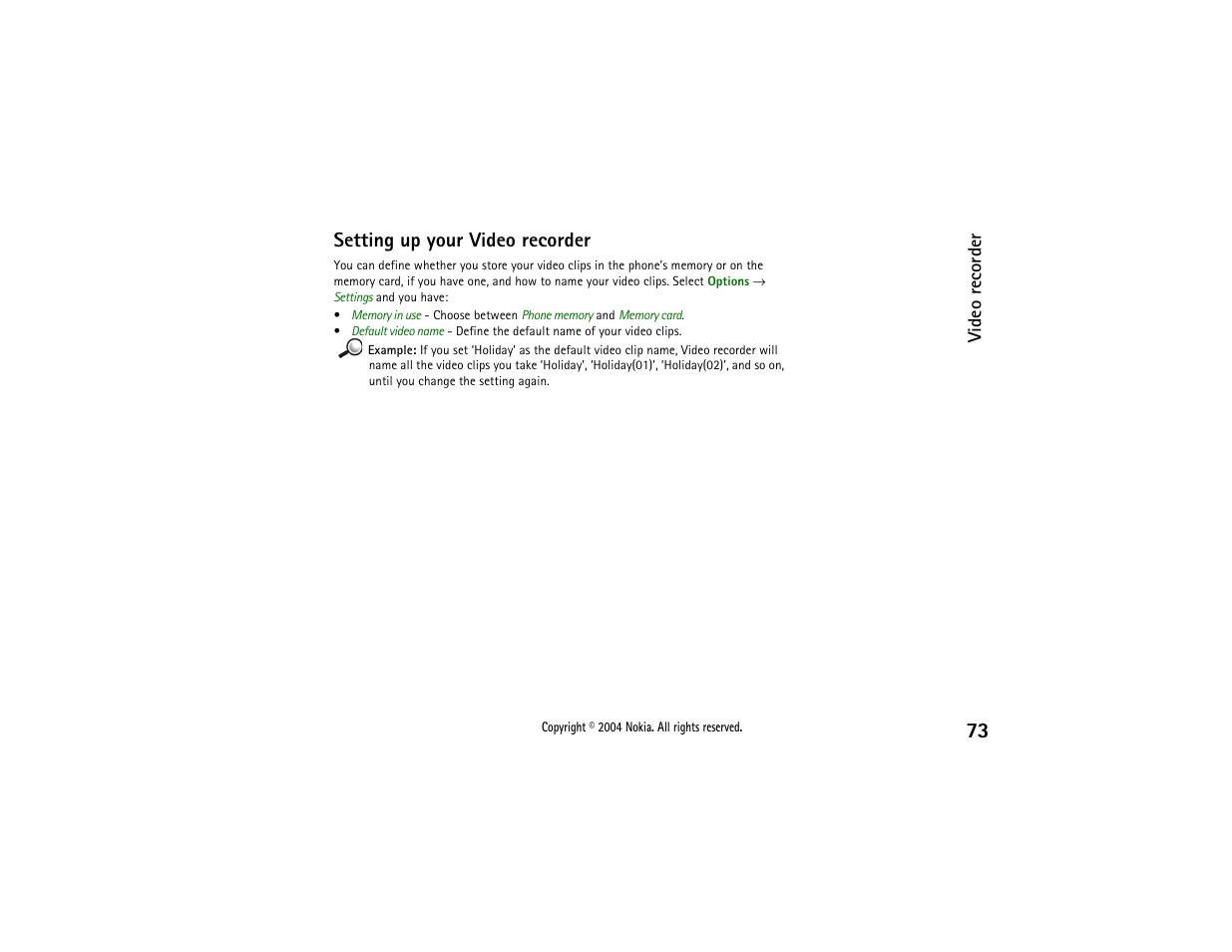Setting up your video recorder | Nokia 3650 User Manual | Page 73 / 178