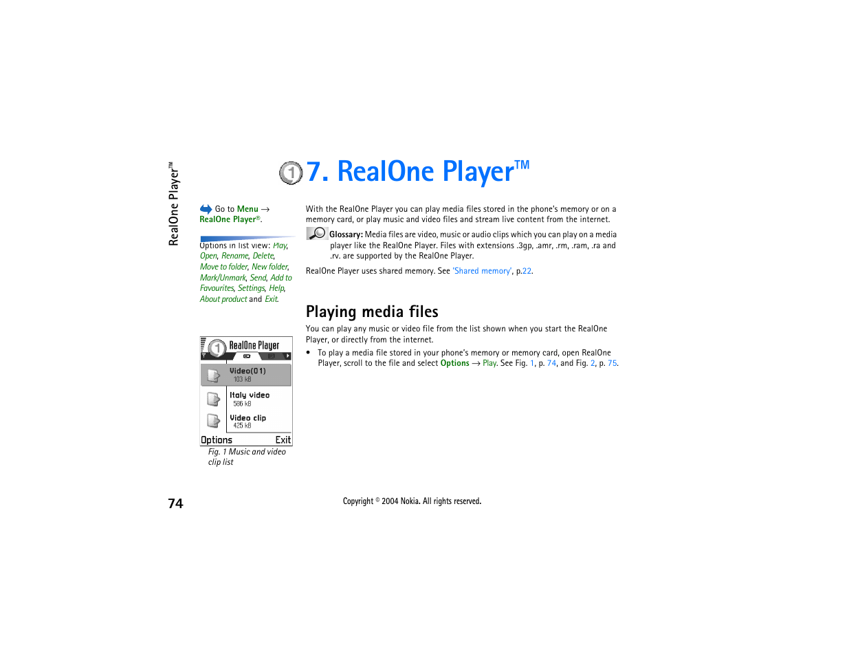 Realone player, Playing media files | Nokia 3650 User Manual | Page 74 / 178