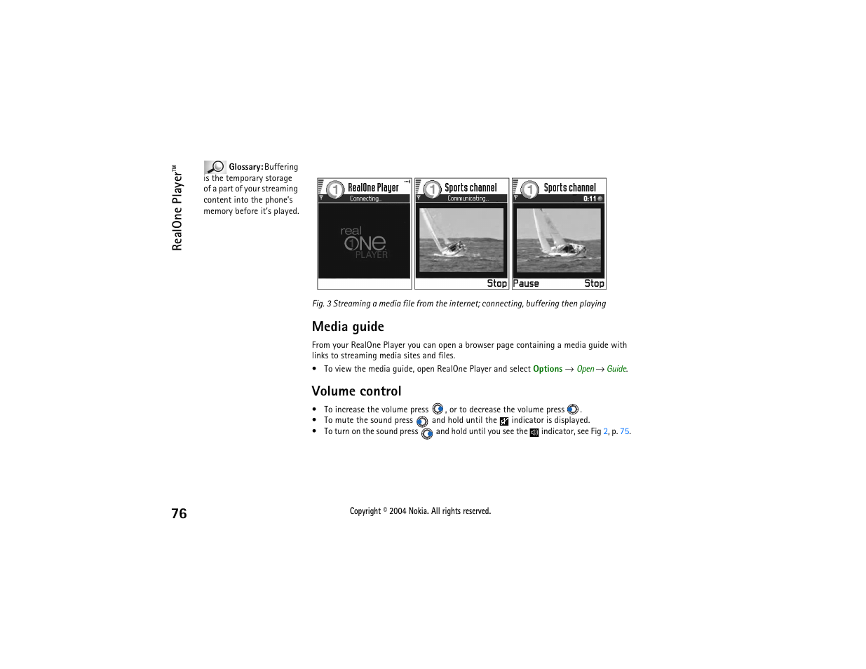 Load the file. see fig, Media guide, Volume control | Nokia 3650 User Manual | Page 76 / 178