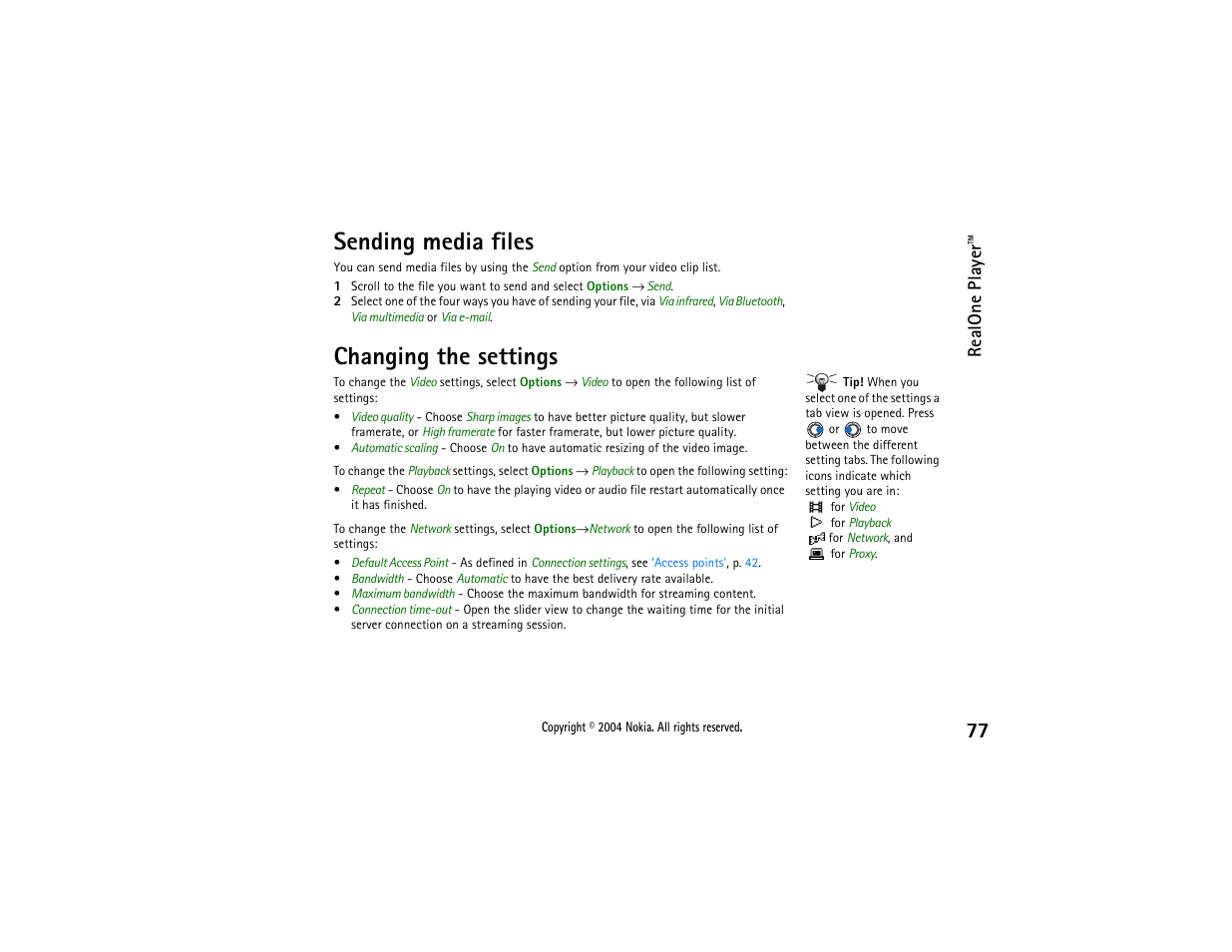 Sending media files, Changing the settings, Sending media files changing the settings | Setting, p, To set up streaming with realone player you, Realone player | Nokia 3650 User Manual | Page 77 / 178