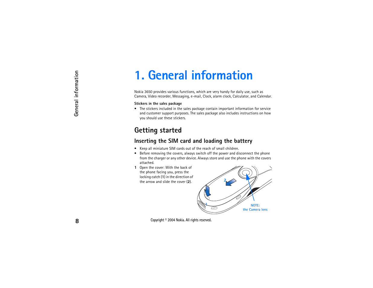 General information, Getting started | Nokia 3650 User Manual | Page 8 / 178