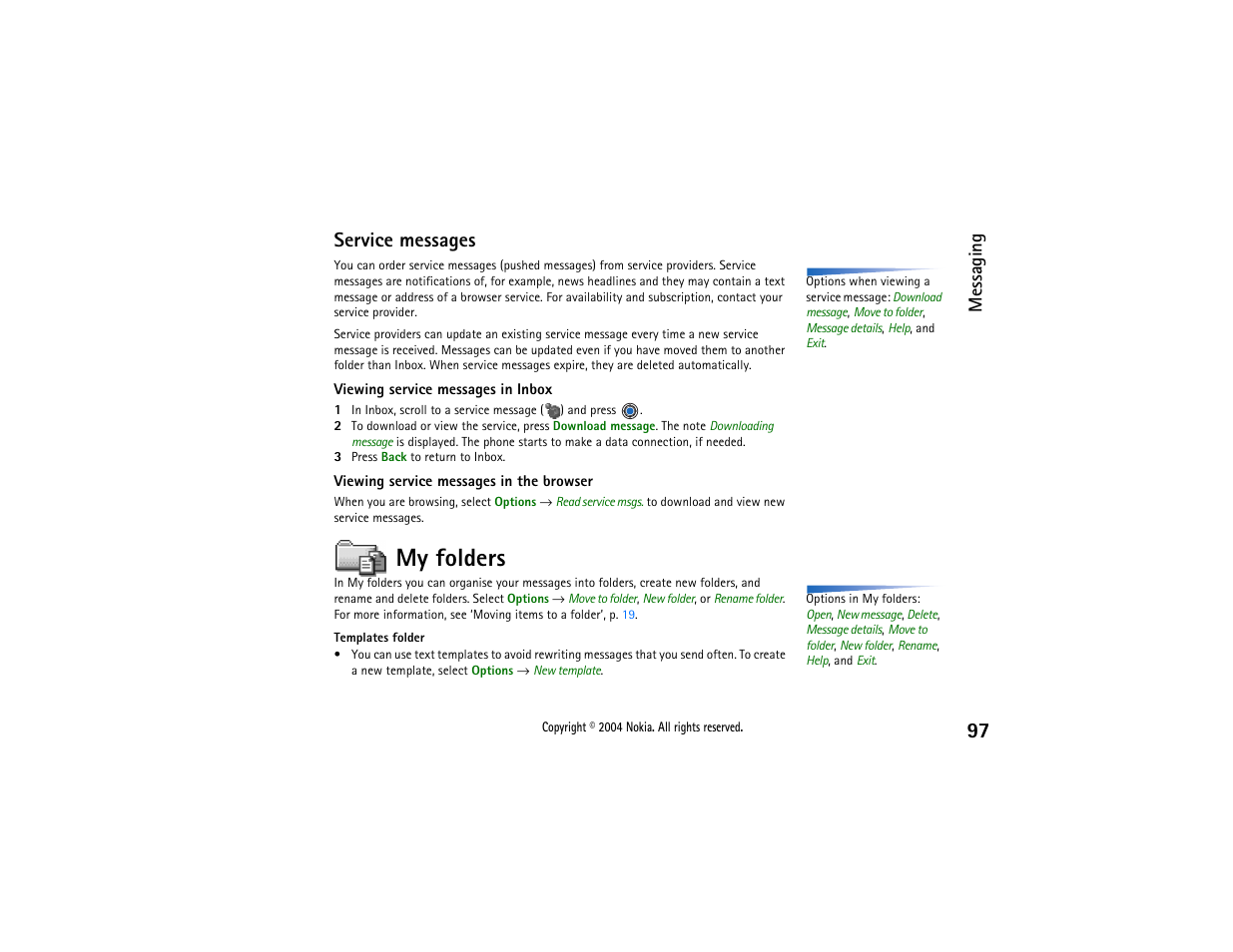 My folders, Service messages, Messaging | Nokia 3650 User Manual | Page 97 / 178