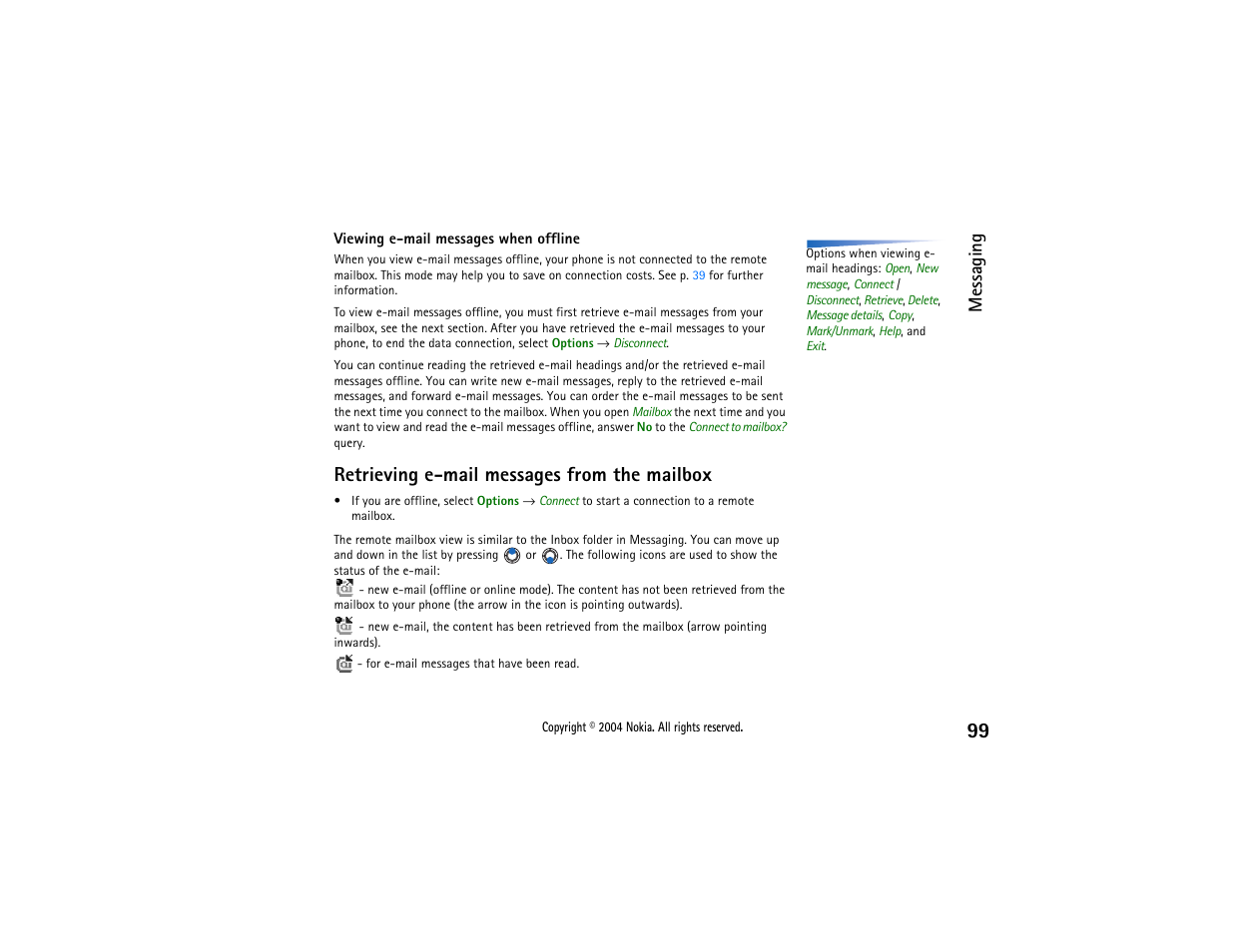 Retrieving e-mail messages from the mailbox, Messaging | Nokia 3650 User Manual | Page 99 / 178