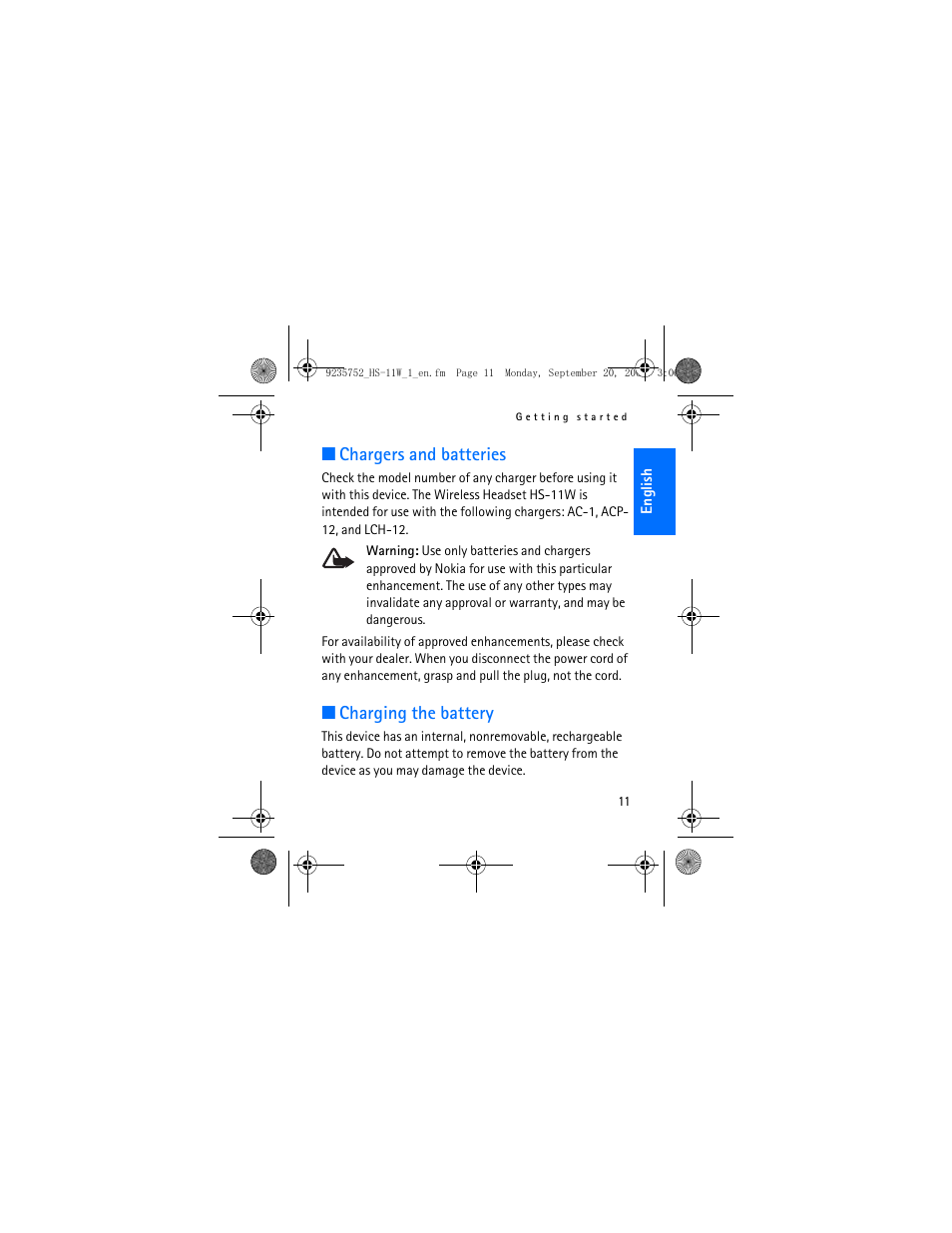 Chargers and batteries, Charging the battery | Nokia (HS-11W) User Manual | Page 11 / 28
