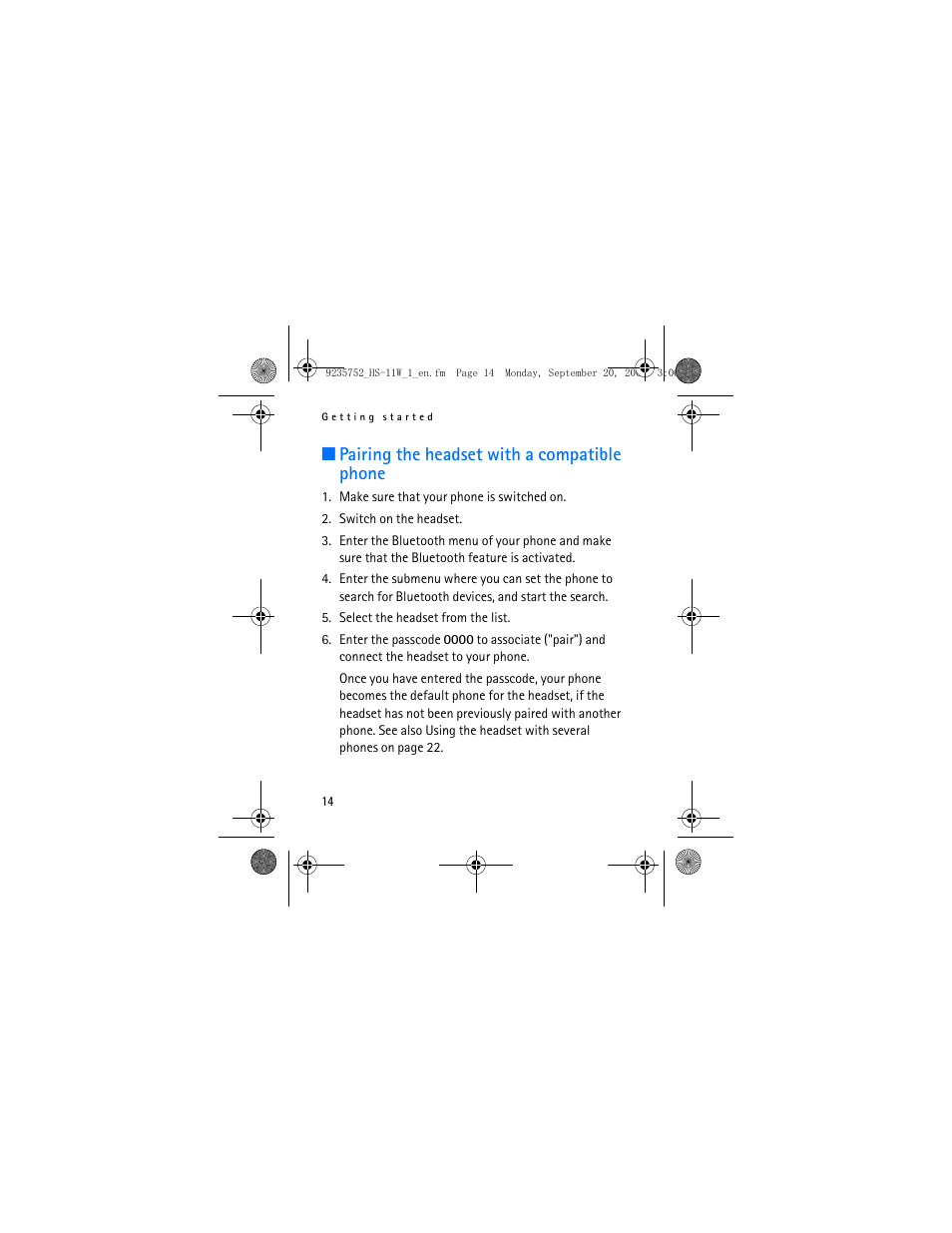 Pairing the headset with a compatible phone | Nokia (HS-11W) User Manual | Page 14 / 28