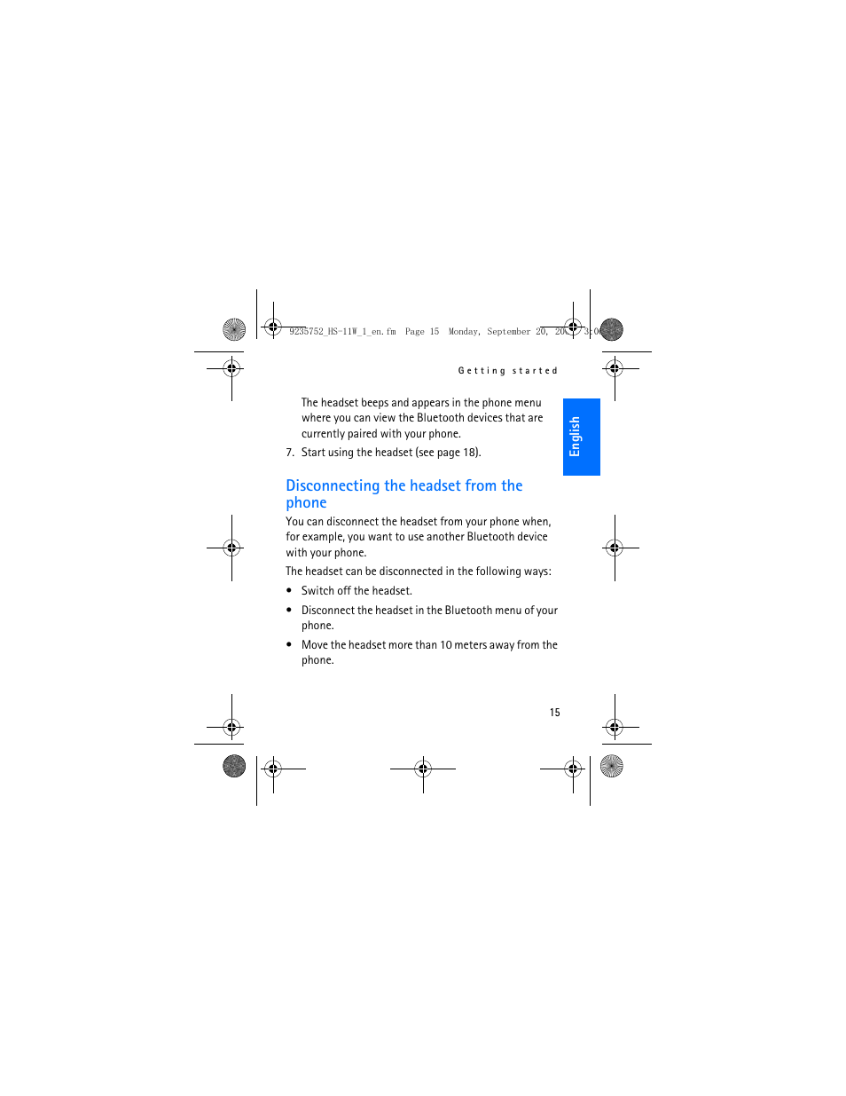 Disconnecting the headset from the phone | Nokia (HS-11W) User Manual | Page 15 / 28