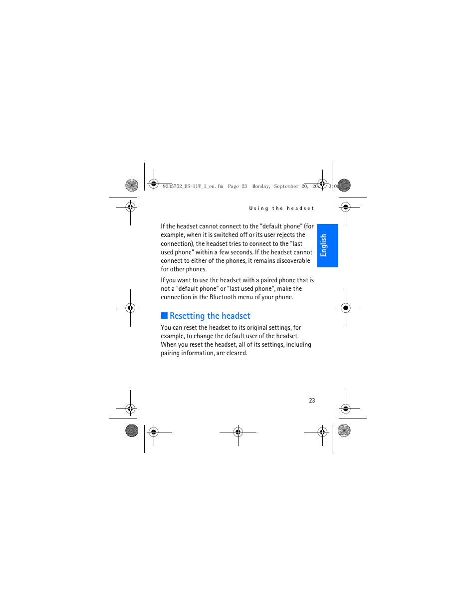 Resetting the headset | Nokia (HS-11W) User Manual | Page 23 / 28