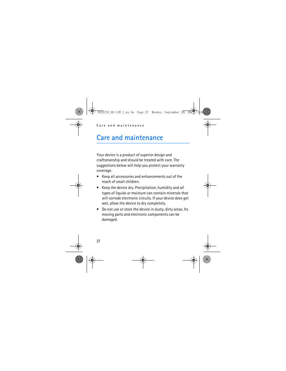 Care and maintenance | Nokia (HS-11W) User Manual | Page 27 / 28