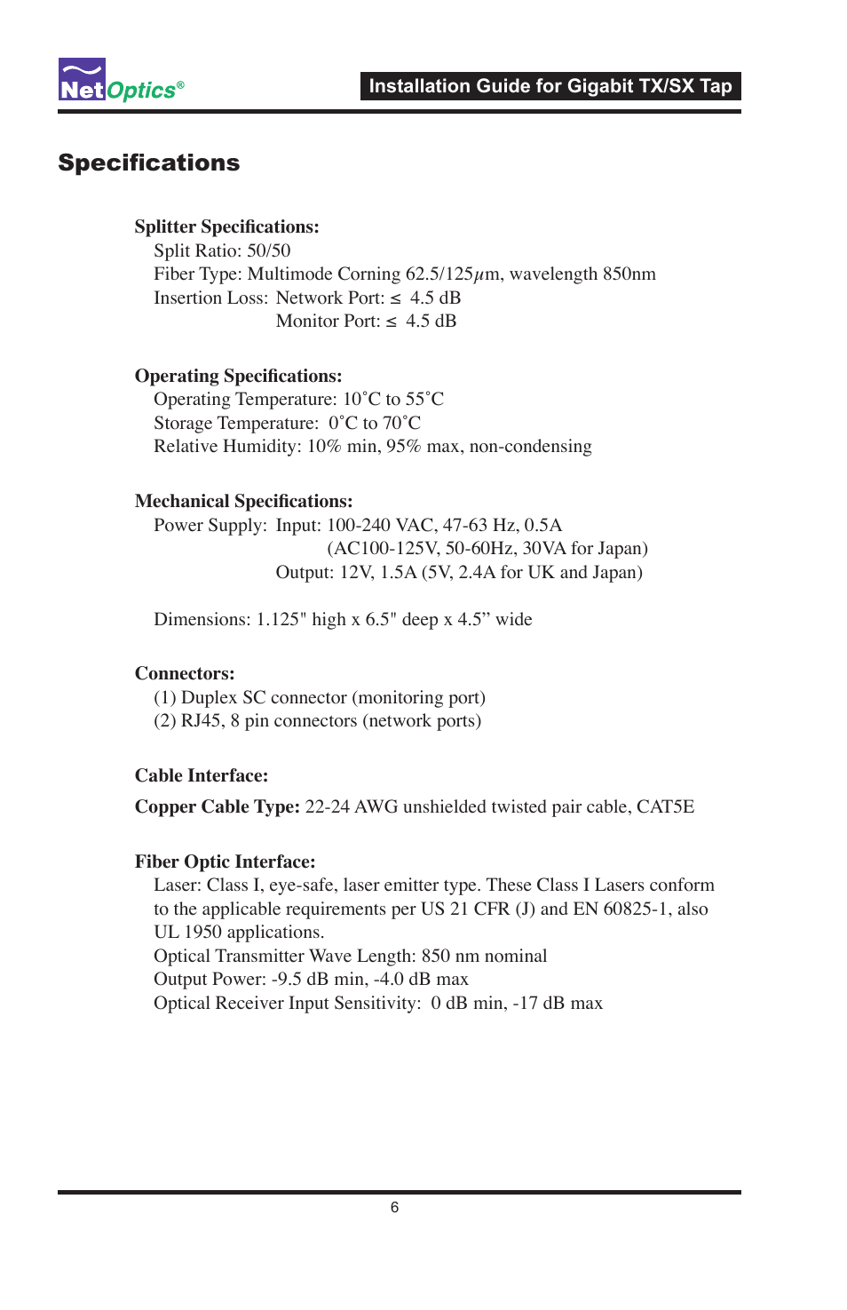 Specifications | Nokia GIGABIT TX TO SX TAP CVT-GCU/SX User Manual | Page 11 / 16