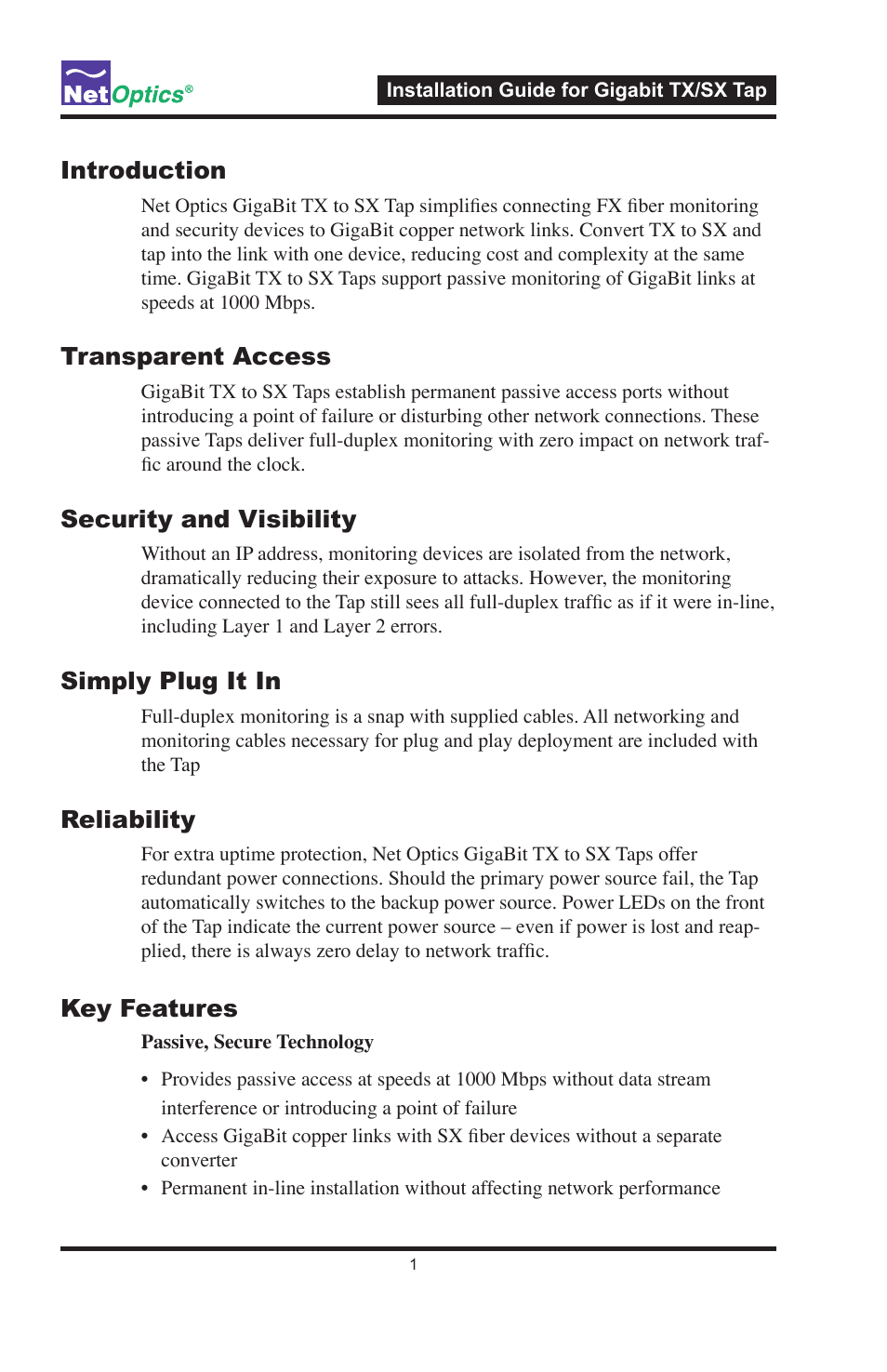 Introduction, Transparent access, Security and visibility | Simply plug it in, Reliability, Key features | Nokia GIGABIT TX TO SX TAP CVT-GCU/SX User Manual | Page 6 / 16