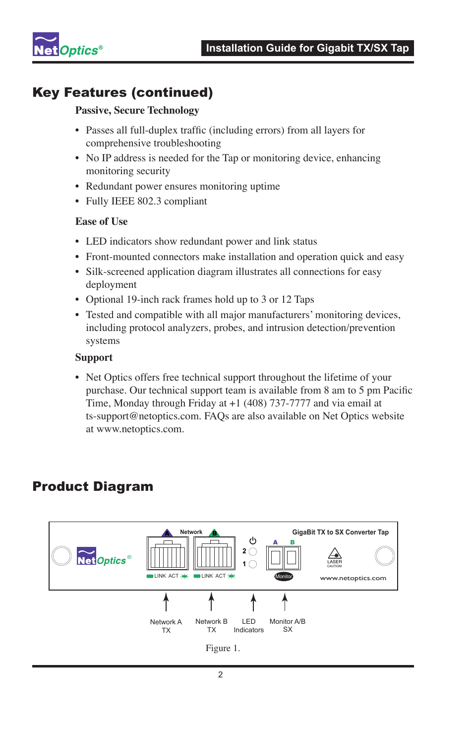 Product diagram, Key features (continued), Installation guide for gigabit tx/sx tap | Nokia GIGABIT TX TO SX TAP CVT-GCU/SX User Manual | Page 7 / 16