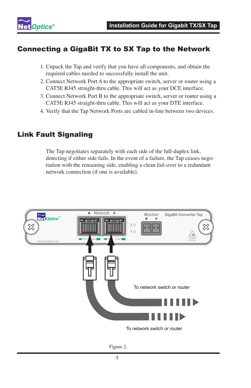 Connecting a gigabit tx to sx tap to the network, Link fault signaling, Installation guide for gigabit tx/sx tap | Nokia GIGABIT TX TO SX TAP CVT-GCU/SX User Manual | Page 8 / 16