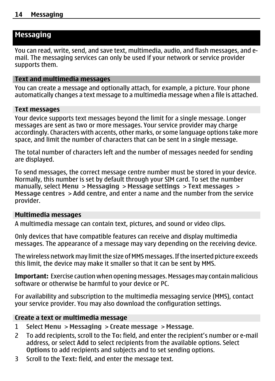 Messaging, Text and multimedia messages, Text messages | Multimedia messages, Create a text or multimedia message | Nokia 2730 User Manual | Page 14 / 38