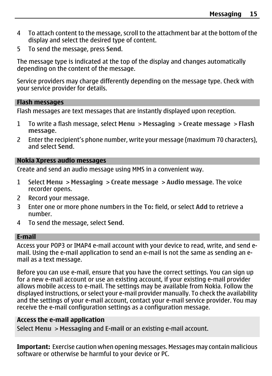 Flash messages, Nokia xpress audio messages, E-mail | Nokia 2730 User Manual | Page 15 / 38