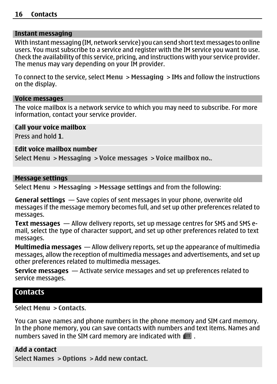 Instant messaging, Voice messages, Message settings | Contacts | Nokia 2730 User Manual | Page 16 / 38