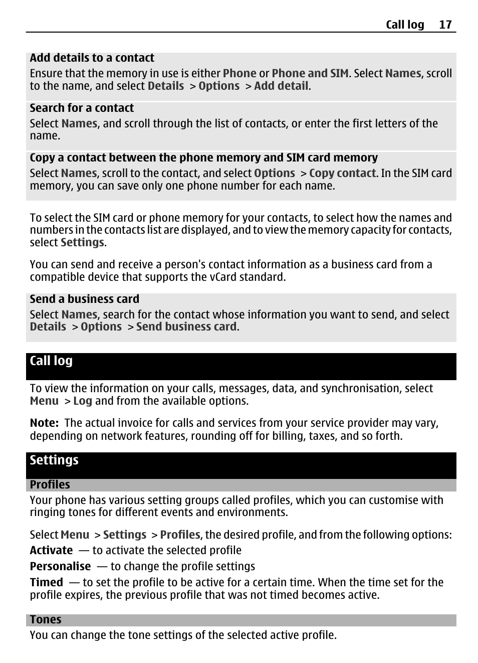 Call log, Settings, Profiles | Tones | Nokia 2730 User Manual | Page 17 / 38