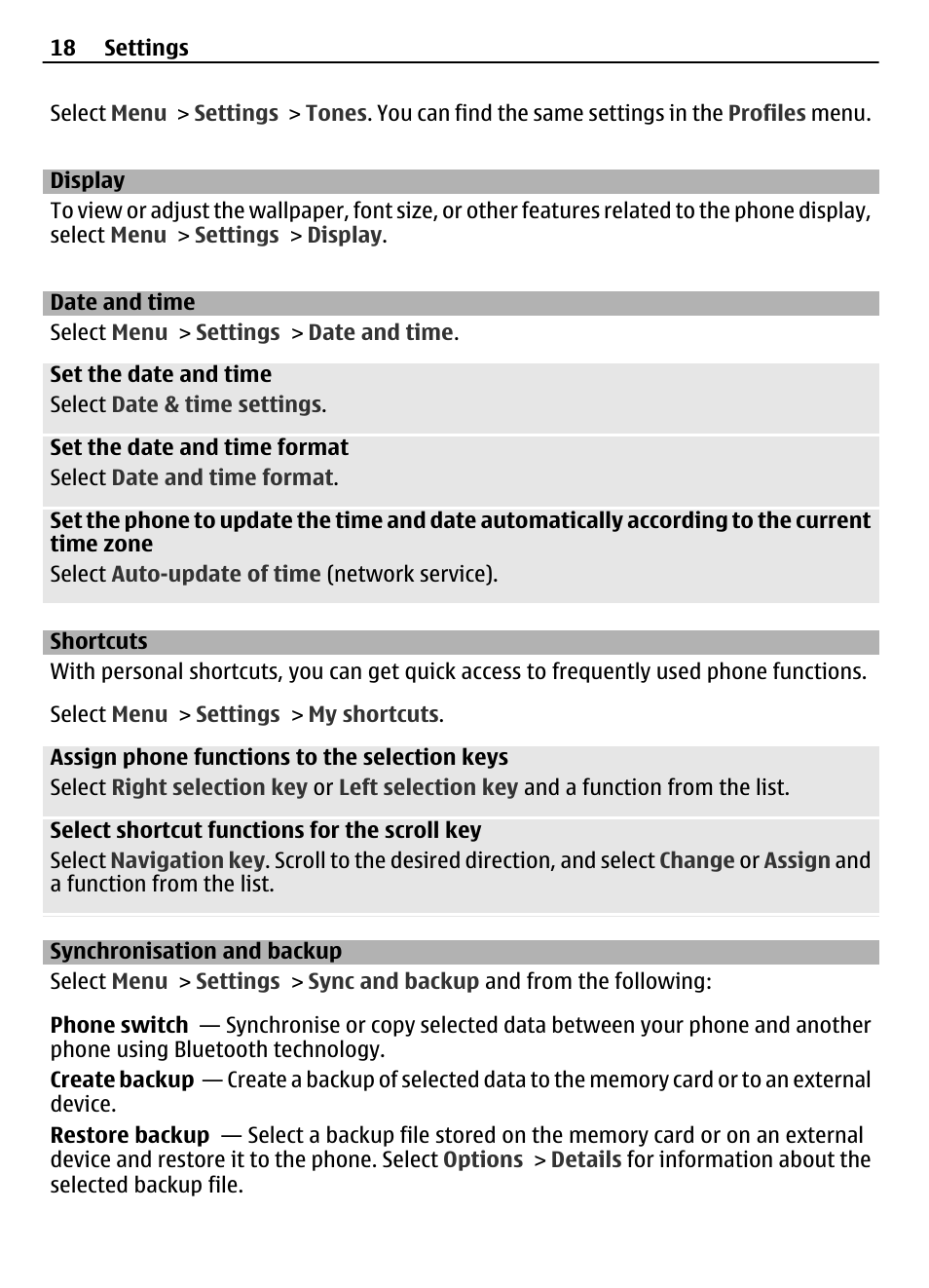 Display, Date and time, Shortcuts | Synchronisation and backup | Nokia 2730 User Manual | Page 18 / 38