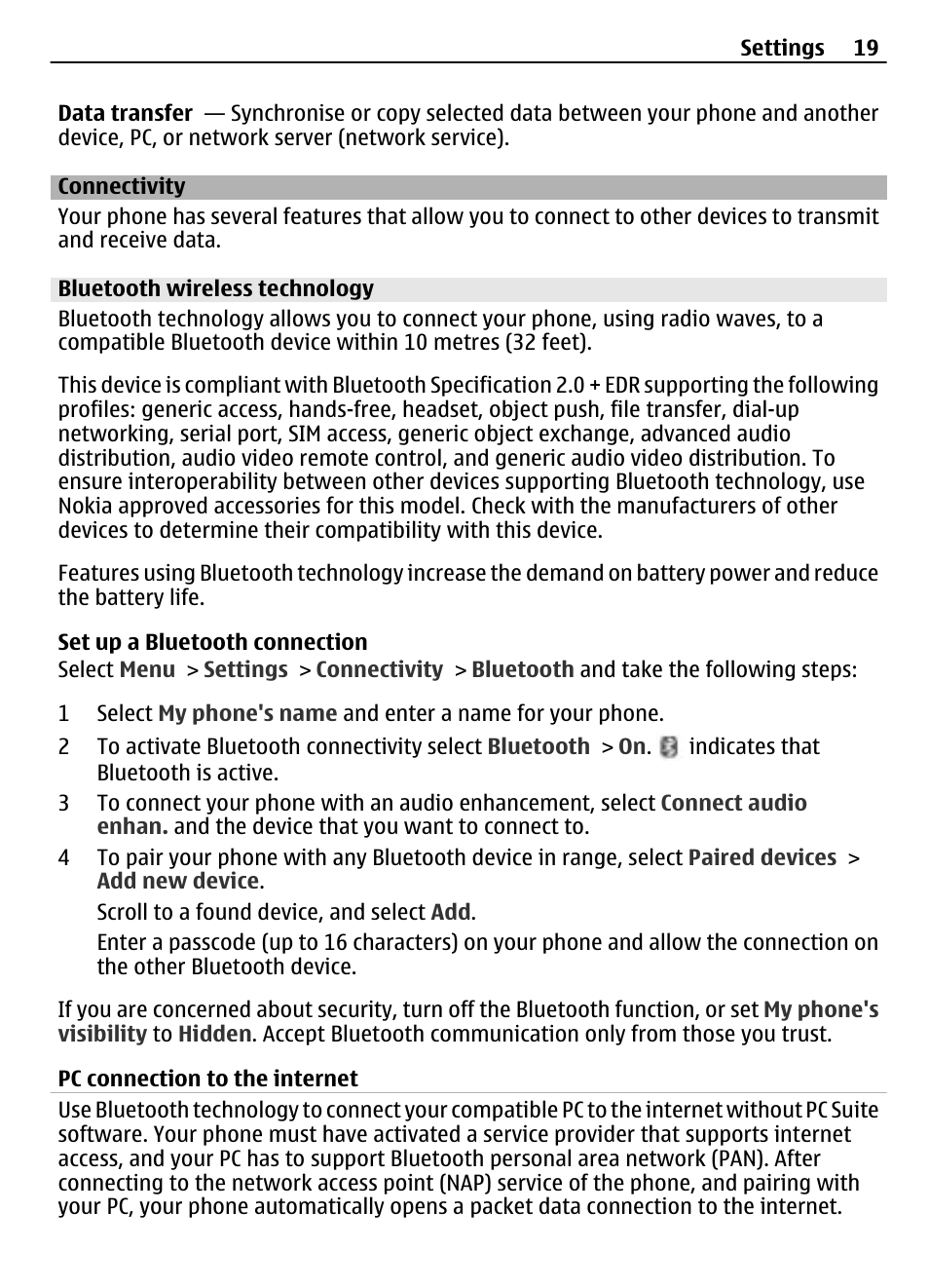 Connectivity, Bluetooth wireless technology | Nokia 2730 User Manual | Page 19 / 38