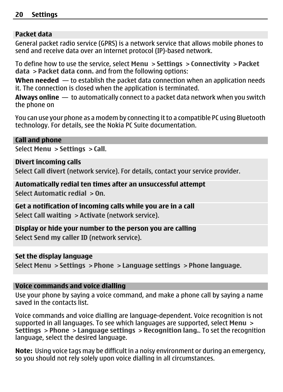 Packet data, Call and phone, Voice commands and voice dialling | Nokia 2730 User Manual | Page 20 / 38