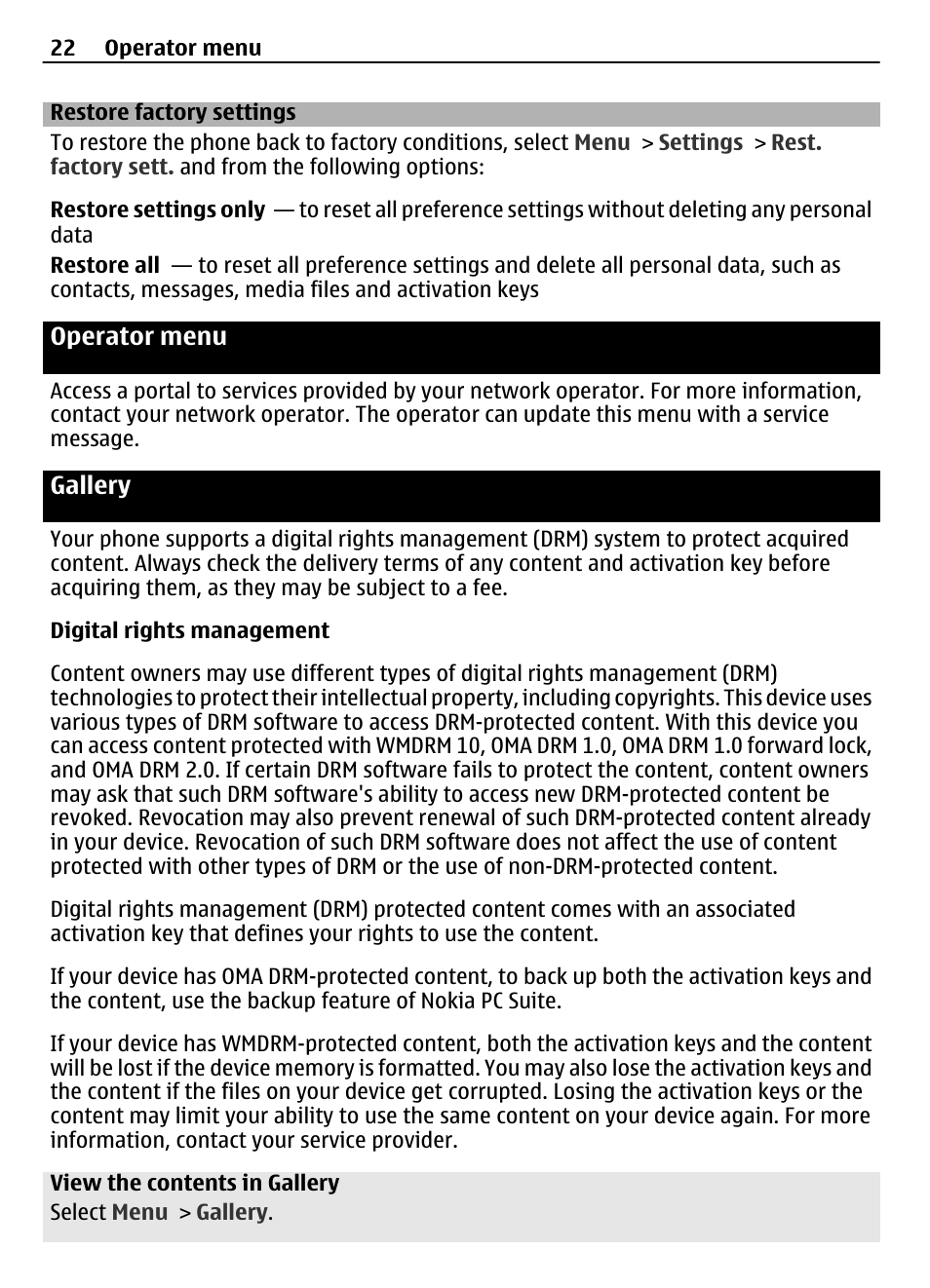 Restore factory settings, Operator menu, Gallery | Nokia 2730 User Manual | Page 22 / 38