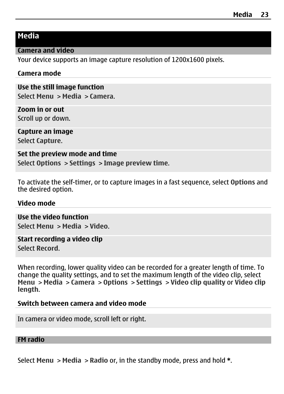 Media, Camera and video, Fm radio | Media 23 | Nokia 2730 User Manual | Page 23 / 38