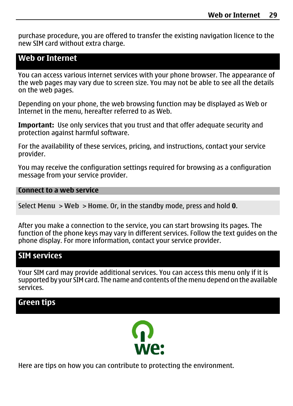 Web or internet, Connect to a web service, Sim services | Green tips | Nokia 2730 User Manual | Page 29 / 38