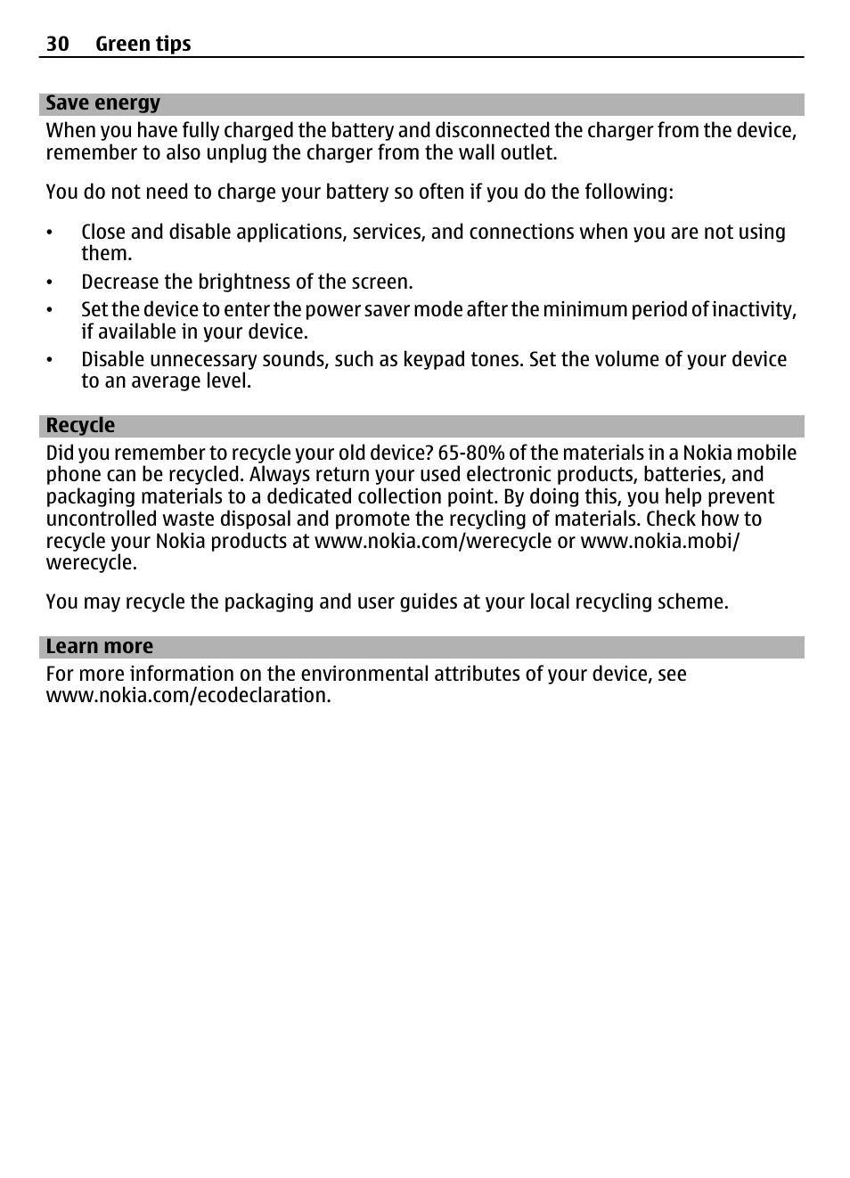 Save energy, Recycle, Learn more | Nokia 2730 User Manual | Page 30 / 38