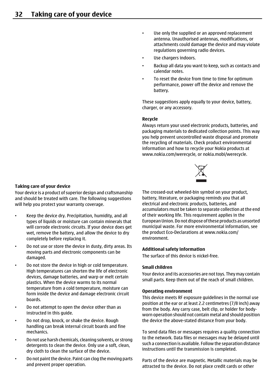 Taking care of your device, Recycle, Additional safety information | Small children, Operating environment, Medical devices, Vehicles, 32 taking care of your device | Nokia 2730 User Manual | Page 32 / 38