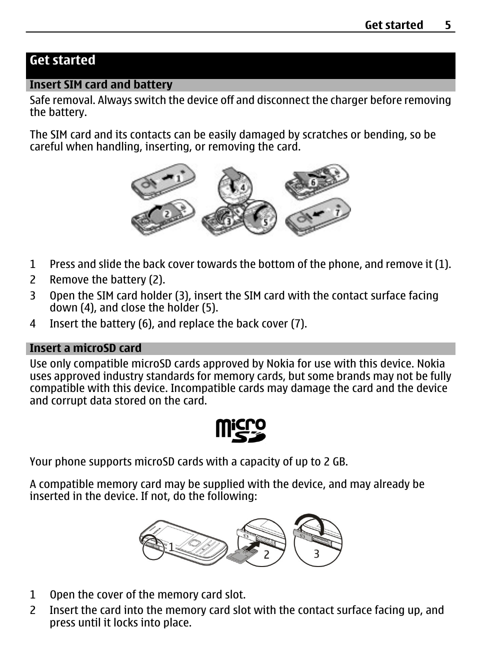 Get started, Insert sim card and battery, Insert a microsd card | Nokia 2730 User Manual | Page 5 / 38