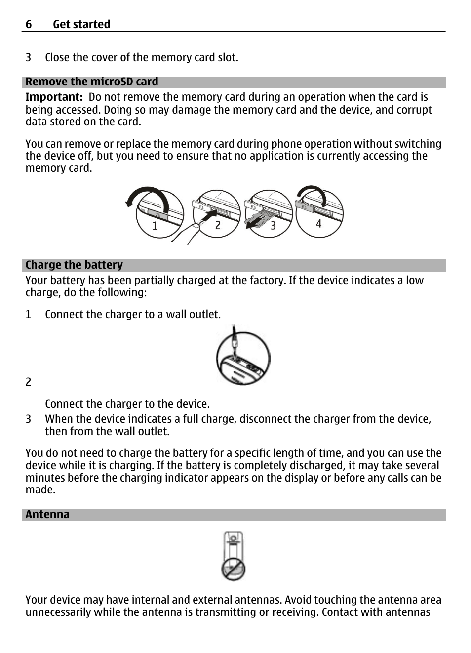 Remove the microsd card, Charge the battery, Antenna | Nokia 2730 User Manual | Page 6 / 38