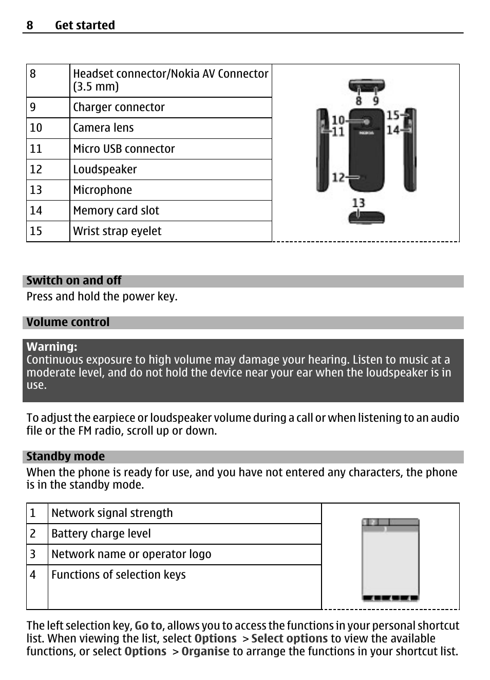 Switch on and off, Volume control, Standby mode | Nokia 2730 User Manual | Page 8 / 38
