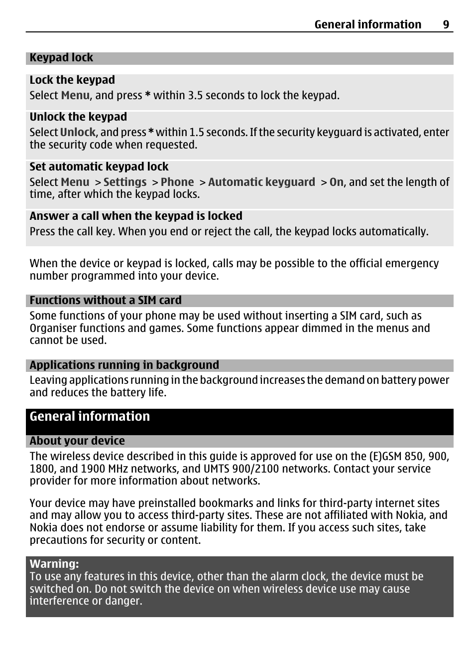 Keypad lock, Functions without a sim card, Applications running in background | General information, About your device | Nokia 2730 User Manual | Page 9 / 38