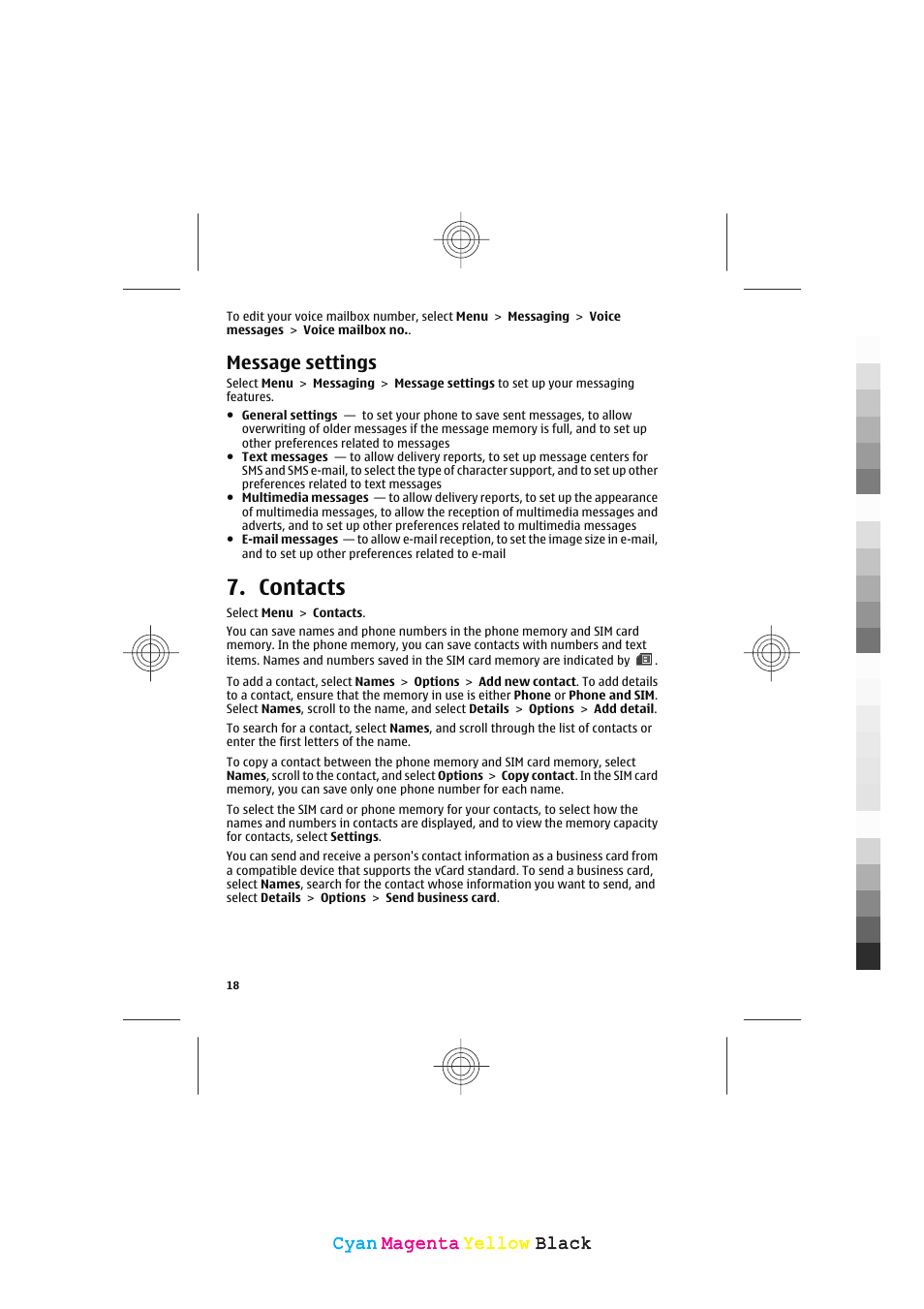 Contacts, Message settings, Cyan | Cyan magenta magenta yellow yellow black black | Nokia 5130 XpressMusic User Manual | Page 18 / 36