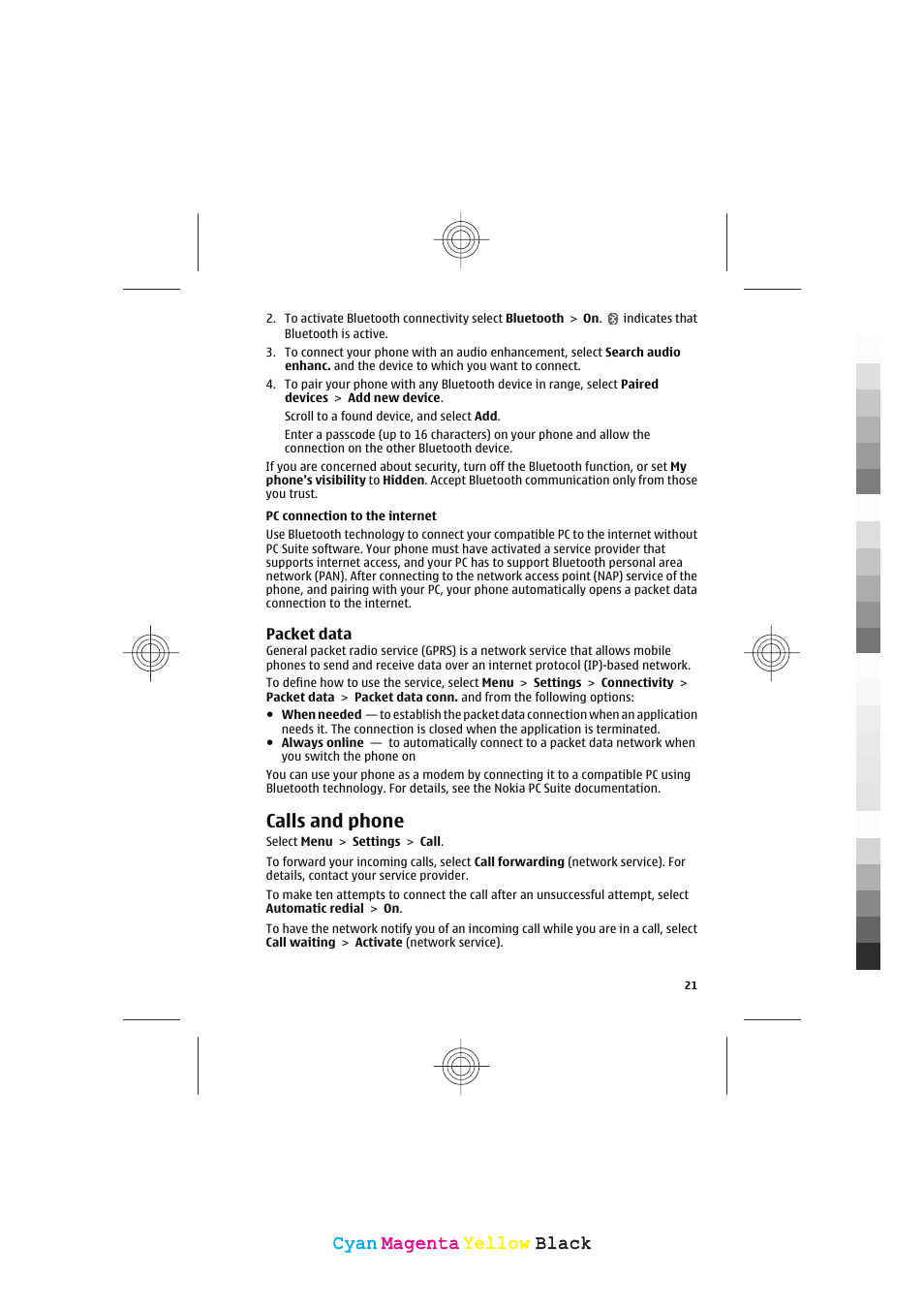 Calls and phone, Cyan, Cyan magenta magenta yellow yellow black black | Nokia 5130 XpressMusic User Manual | Page 21 / 36