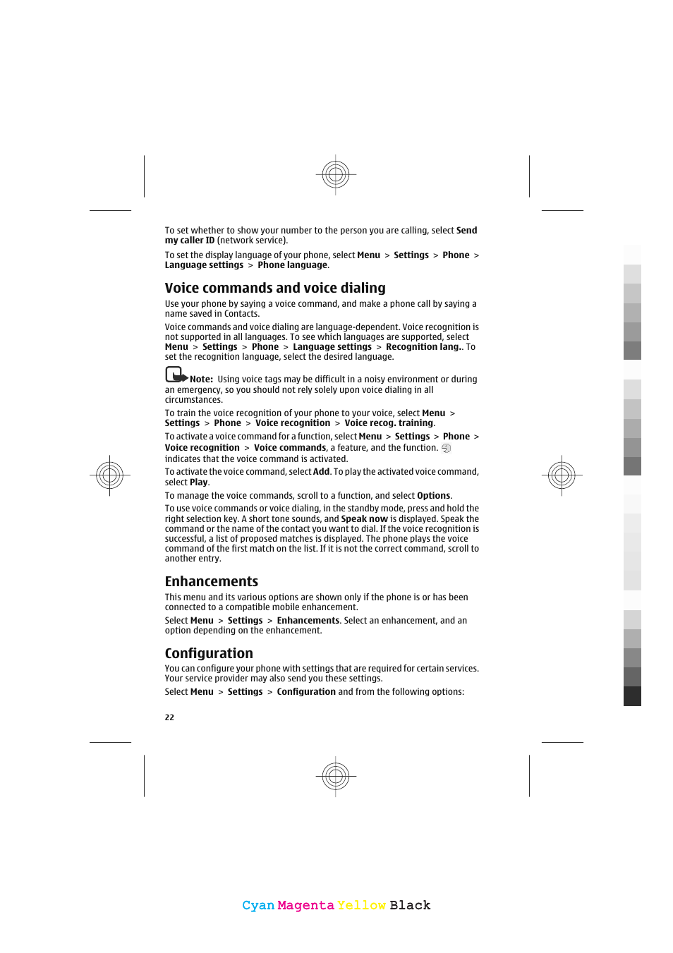 Voice commands and voice dialing, Enhancements, Configuration | Cyan, Cyan magenta magenta yellow yellow black black | Nokia 5130 XpressMusic User Manual | Page 22 / 36