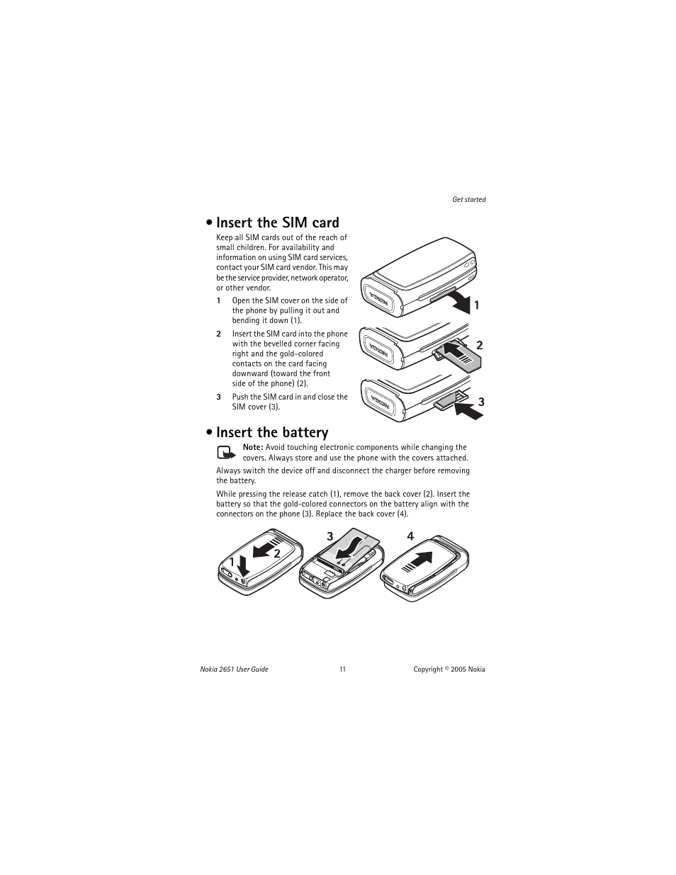 Insert the sim card, Insert the battery, Insert the sim card insert the battery | Nokia 2651 User Manual | Page 12 / 97