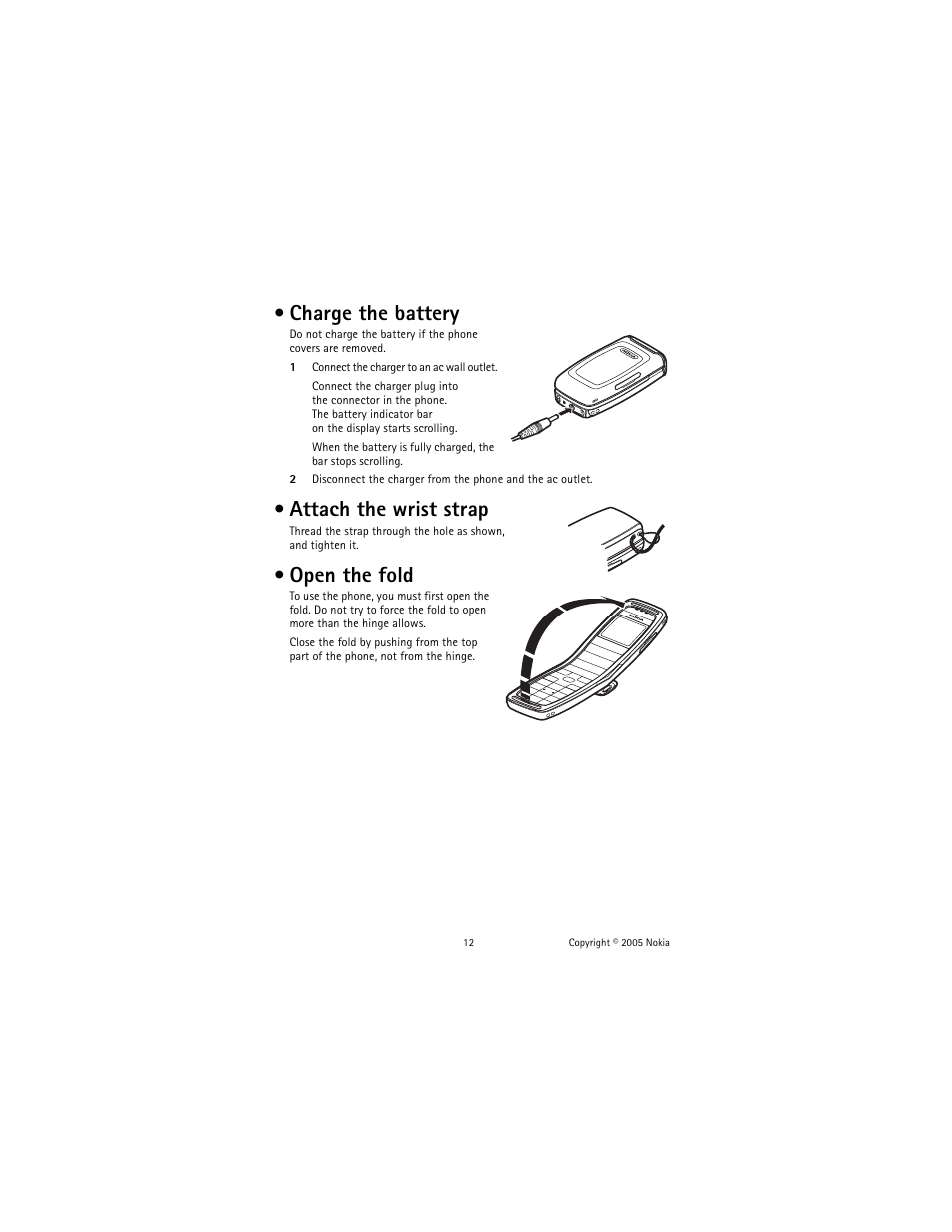 Charge the battery, Attach the wrist strap, Open the fold | Nokia 2651 User Manual | Page 13 / 97