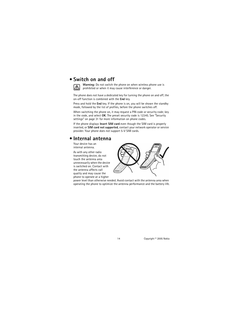 Switch on and off, Internal antenna, Switch on and off internal antenna | Nokia 2651 User Manual | Page 15 / 97