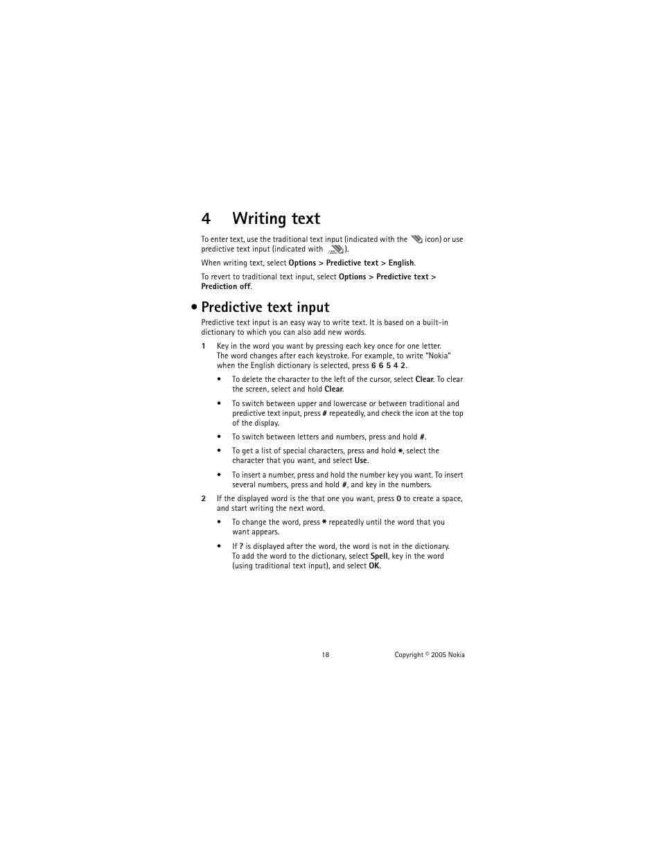 4 writing text, Predictive text input, Writing text predictive text input | 4writing text | Nokia 2651 User Manual | Page 19 / 97