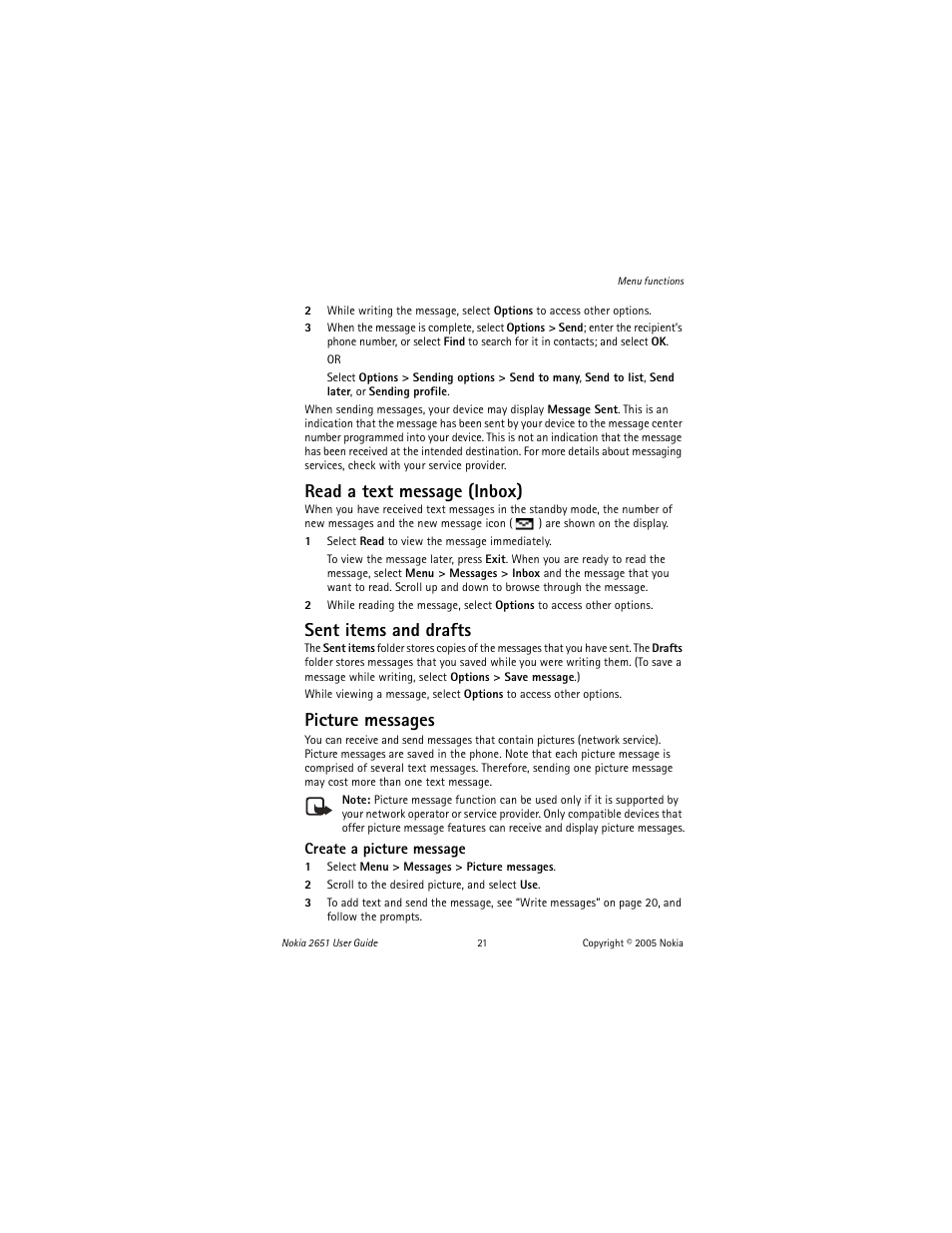 Read a text message (inbox), Sent items and drafts, Picture messages | Nokia 2651 User Manual | Page 22 / 97