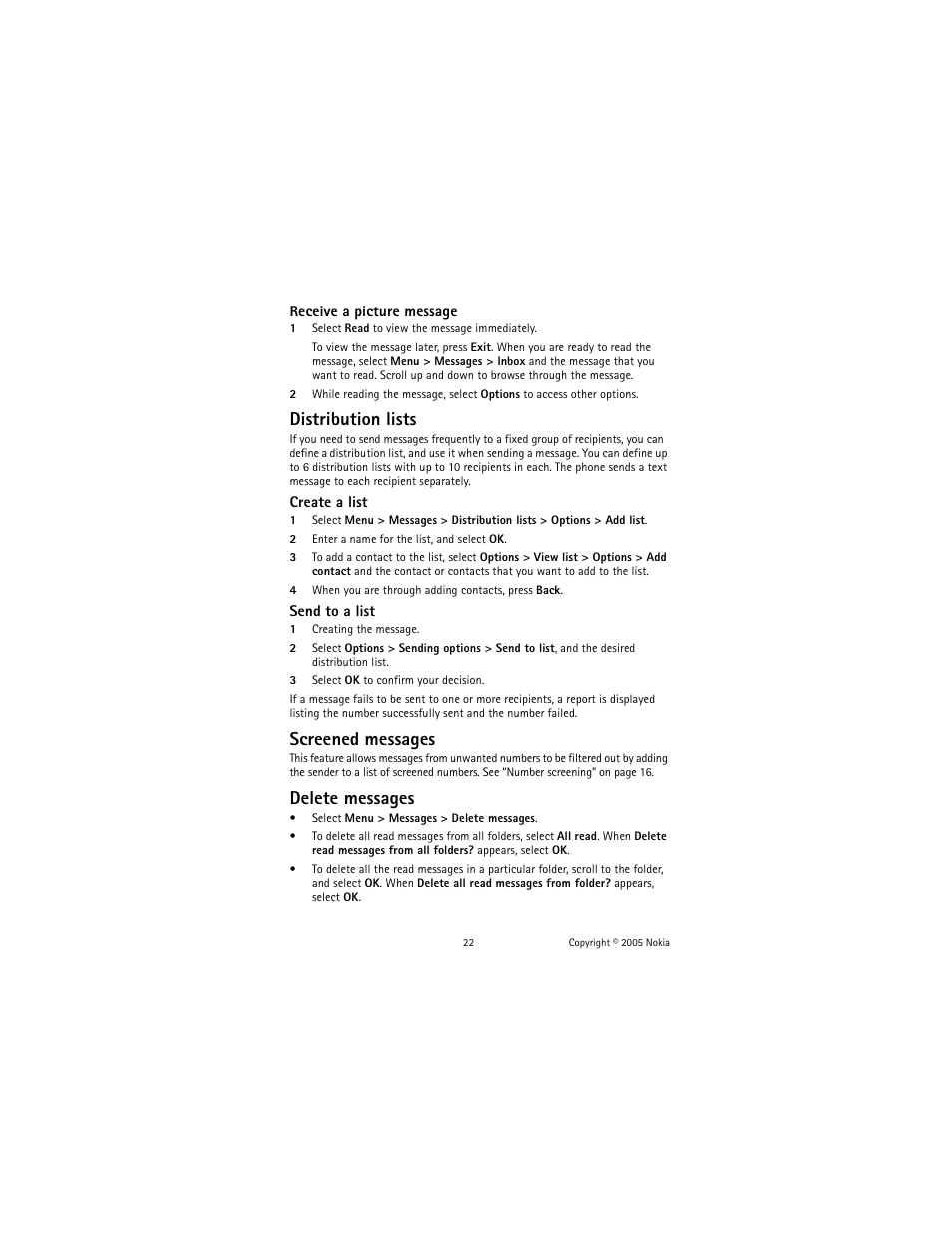 Distribution lists, Screened messages, Delete messages | Nokia 2651 User Manual | Page 23 / 97
