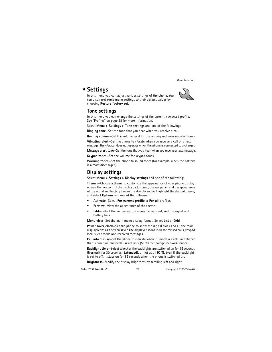 Settings, Tone settings, Display settings | Nokia 2651 User Manual | Page 28 / 97