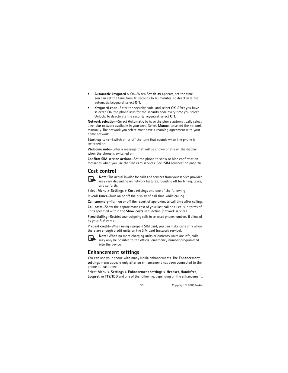 Cost control, Enhancement settings | Nokia 2651 User Manual | Page 31 / 97