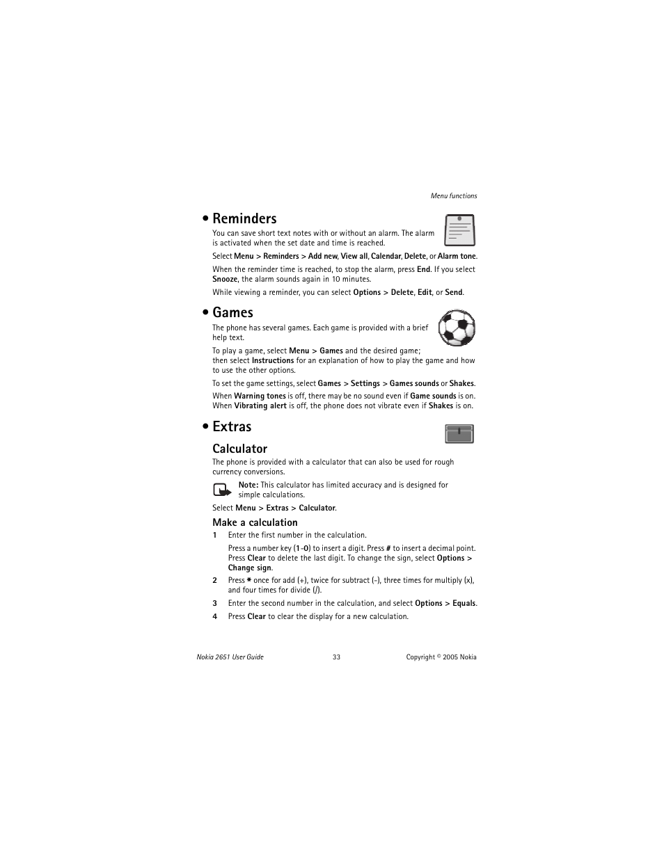 Reminders, Games, Extras | Reminders games extras, Calculator | Nokia 2651 User Manual | Page 34 / 97