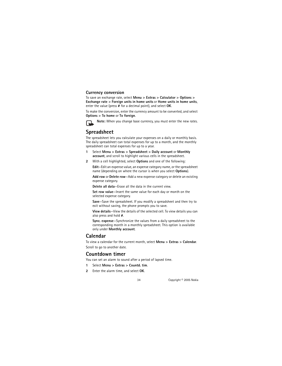 Spreadsheet, Calendar, Countdown timer | Nokia 2651 User Manual | Page 35 / 97