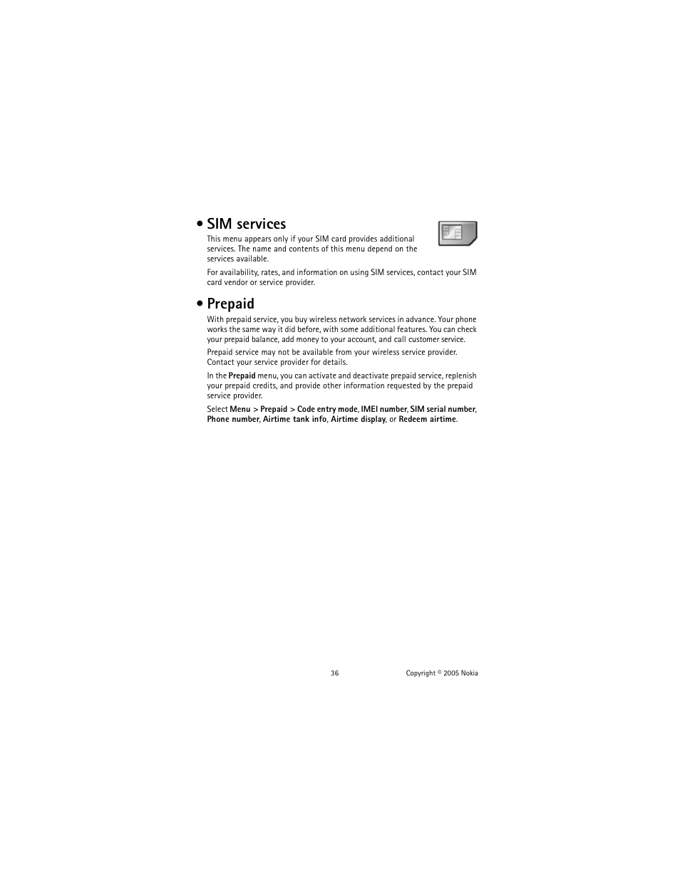 Sim services, Prepaid, Sim services prepaid | Nokia 2651 User Manual | Page 37 / 97