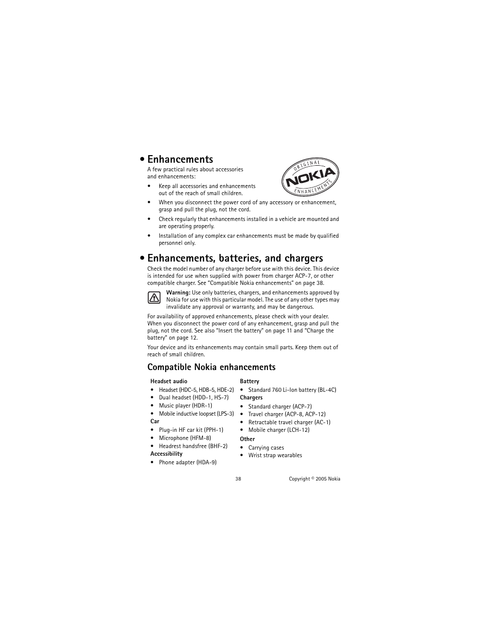 Enhancements, Enhancements, batteries, and chargers, Enhancements enhancements, batteries, and chargers | Compatible nokia enhancements | Nokia 2651 User Manual | Page 39 / 97