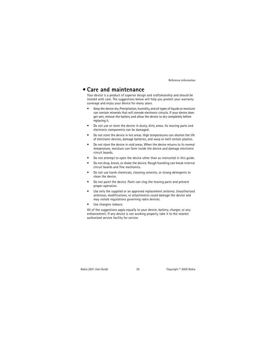 Care and maintenance | Nokia 2651 User Manual | Page 40 / 97